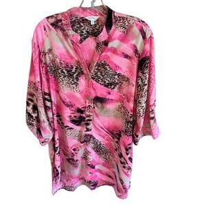 Coral Bay Women's Hot Pink Animal Print 3/4 Sleeve Long Tunic Blouse XL